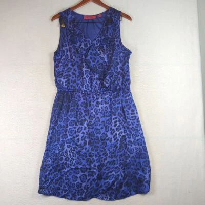 Belle Gray Lisa Rinna Blue Leopard Print Ruffle Satin Cinched Waist Dress M - Image 1 of 4