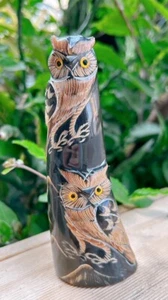 Owl model carved buffalo black horn handcrafted sculpture (statue) ow-01 - Picture 1 of 3
