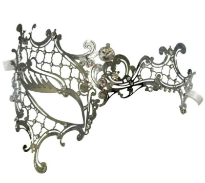 Silver Lady Phantom Laser Cut Mask Masquerade Metal Filigree Halloween - Image 1 of 4