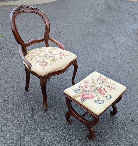 Antique Vintage Old Victorian Wood Wooden Side Dining Accent Chair Ottoman Stool Cover