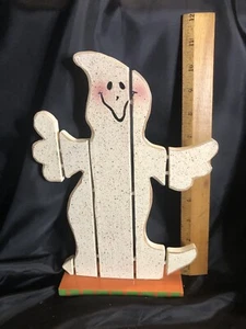Statuina Halloween primitiva vintage in legno bianco fantasma mensola sitter su base - Foto 1 di 9
