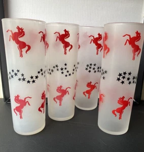Vintage 1960's  Libbey Frosted Glasses w/Red Horses & Black Stars  Set Of 6 - Picture 1 of 4