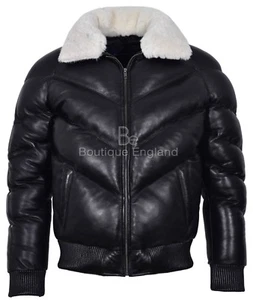 Men's Puffer Leather Jacket Fur Collar WARM Bomber Black REAL LEATHER Jacket Ace - Picture 1 of 11
