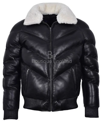 Men's Puffer Leather Jacket Fur Collar WARM Bomber Black REAL LEATHER Jacket Ace - Image 1 of 4