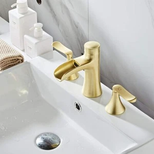 ( FWS-G004) Widespread Brushed Gold Waterfall Bathroom Sink Faucet - Picture 1 of 2