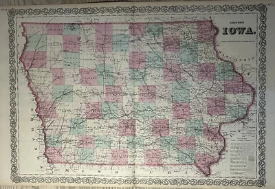 Mapa antiguo coloreado a mano original de Colton's Iowa 1870 28" x 17" Foto 1 de 3