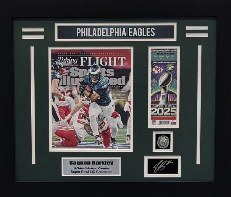 Foto de campeón del Super Bowl Saquon Barkley enmarcada con anillo Foto 1 de 1