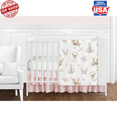 Juego de ropa de cama Boho Woodland Ciervo floral bebé niña cuna 11 piezas microfibra blanco Foto 1 de 4