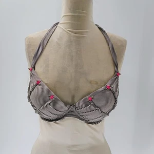 Betsey Johnson Women’s NWOT 60s Burlesque Striped Rose Push Up Swim Top Sz L - Picture 1 of 10