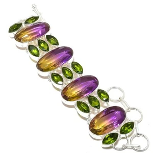 Ametrine, Peridot Gemstone Handmade 925 Sterling Silver Bracelet 7-8" - Picture 1 of 5