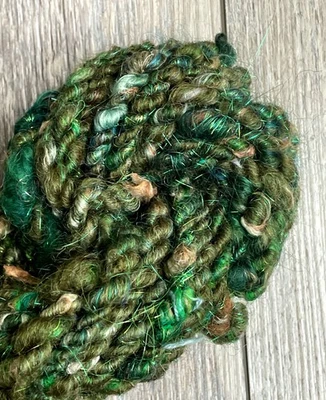 Art yarn handspun Christmas pine green sparkle bulky craft weave Saori knit - Image 1 of 4