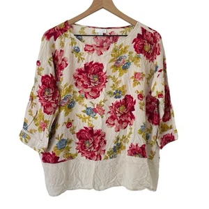 J Jill Petite L Cottage Floral Tunic Boho Boxy Blouse 3/4 Sleeve Lace Trim Rayon - Picture 1 of 17
