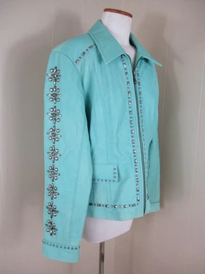 VTG Cripple Creek 90's Turquoise Blue Studded Leather Jacket XXL Faded Distress - Image 1 of 4