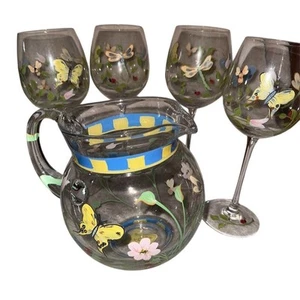 Brocca in vetro dipinto a mano Lenox farfalla prato e set 4 bicchieri da vino raro ritrovamento - Foto 1 di 6