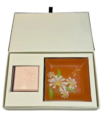 Sunny Afternoon PartyLite Soap Dish & Square Soap Set Orange Floral Butterfly - Imagem 1 de 4