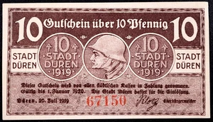 DÜREN 1919 "Soldado de la Primera Guerra Mundial en Stahlhelm" más grande original 10 Pf dinero de emergencia alemán - Imagen 1 de 2
