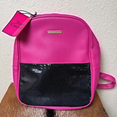 NWT Juicy Couture Pink Faux Leather Black Sequin Backpack Y2K School Travel Loud - Image 1 of 4
