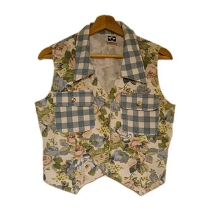 Vintage 90s Floral and Gingham Cotton Waistcoat Medium - Bild 1 von 4