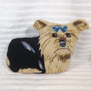 Tableaux Needlepoint Dog Pillow Yorkie Yorkshire Terrior Vtg Weighted Shaped - Picture 1 of 6