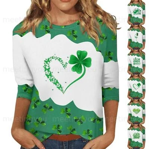 3/4 Sleeve Shirts For Women Print Tees Blouses Casual Plus Size Basic Tops - Picture 1 of 30