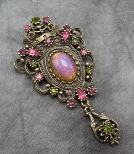 Sarah Coventry Brooch Vintage Pendant Contessa Pink Green Crystal 3 inch 557f - Picture 1 of 9