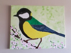 Handmade Painting Acrylic Wood Frame 16x20 Art Decor Bird Titmouse Branch... - Picture 1 of 10