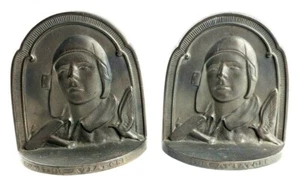 Vintage 1929 Charles Lindbergh Flieger Pilot Art Deco Gusseisen Buchstützen COPR - Bild 1 von 12