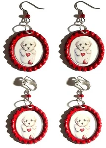 Cute Love Puppy Bottle Cap Pierced or Clip on Dangle Earrings (CAP051) - Picture 1 of 3