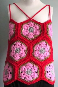 New Handmade Crochet Size M (34 Inches) African Red Flower Hexagon Blouse Tops - Picture 1 of 3