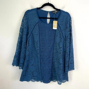NEW $77 Suzanne Betro Womens Large Blue Lace Overlay Shirt Top 3/4 Sleeve - Picture 1 of 10