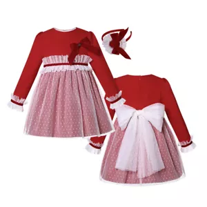 Niñas Vestidos de Concurso Talla 6M-24M Moño Encaje En Capas Vestido Rojo con Diadema - Imagen 1 de 12