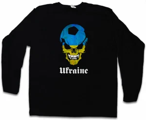 BLACK CLASSIC UKRAINE FOOTBALL SKULL FLAG LANGARM T-SHIRT Fan Hooligan - Picture 1 of 1