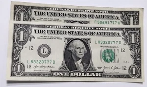 (2) 1 Dollar Scheine ~ Seriennummern enden in Trip Sevens ~ 777 - Bild 1 von 2
