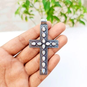 Colgante Cruz Piedra Luna Plata de Ley 925 Hecho a Mano Piedras Preciosas Joyería 2.83" - Imagen 1 de 5