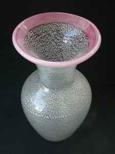 JARRÓN de vidrio artístico checo bohemio ~ ROSCA DE PLATA con borde rosa 13" ENORME - Imagen 1 de 12