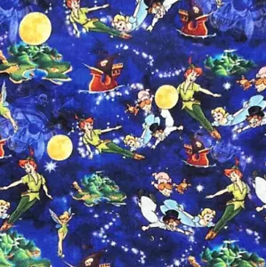Peter Pan, Tinker Bell, Captain Hook, Wendy Neverland Print | 100% Cotton Fabric - Picture 1 of 2