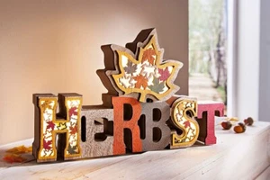 LED-Schriftzug Herbst stimmungsvolle Holz-Dekoration 30 cm lang warmweiße LED - Bild 1 von 2