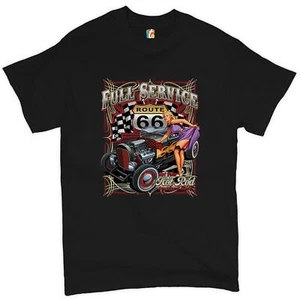 Route 66 Hot Rod T-shirt Full Service Pinup Girl Drag Racing Men's Tee - Picture 1 of 102