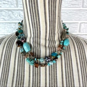 Multicolored Beaded Multi-Chain Statement Necklace Turquoise Blue Brown - Picture 1 of 4