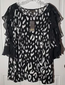 NWT Women's Bold Elements Cold Shoulder Ruffle Sleeve Blouse 2X Black and White - Picture 1 of 8