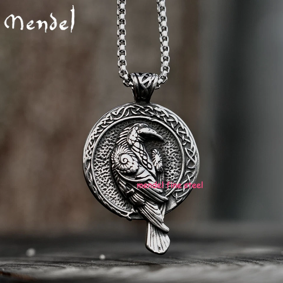 MENDEL Mens Norse Viking Stainless Steel Odin Raven Crow Rune Pendant Necklace - Image 1 of 4