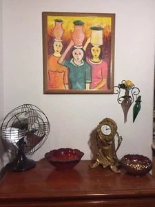 Vintage Mid Century Modern Folk Art Painting Ladies Baskets Brazilian - Picture 1 of 12