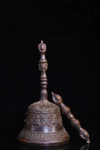 Bronze Cinnabar Six Character Proverbs Mahakala Head Old Ringing Bell Vajra Set - Picture 1 of 9