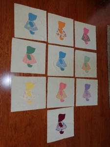 Vintage Sunbonnet Sue Quilt Blocks 10 Hand Sewn Applique Craft Squares DIY - Picture 1 of 5