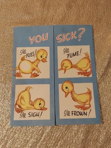 Vintage Get Well Soon Card, Sad Cartoon Duckling Duck Bird MCM Double Open - Picture 1 of 6