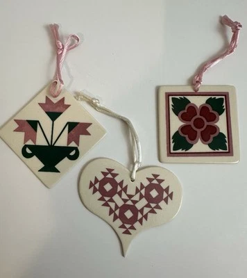 3 Quilt Pattern Ornaments Carolina Lily, Single Wedding Ring, Lancaster Rose - Image 1 of 4