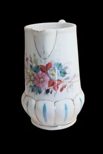 19th Century Hand Painted Paris Porcelain Milk Jug Ribbed Pink Florals Aqua Gold - Picture 1 of 9
