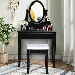 Bedroom Wooden Mirrored Makeup Vanity Set w/Stool Black - Picture 1 of 10