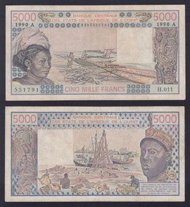 Banknote West African States Ivory Coast 5000 FRANCS 1990 P.-108Aq BB/VF - Picture 1 of 1