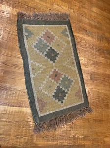 Alfombra de lana vintage hecha a mano flecos gris amarillo turco suroeste rancho 2 X 4 - Imagen 1 de 12